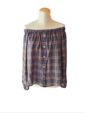 Off-Shoulder Navy Plaid Faux Button-Front Women's Top NWOT